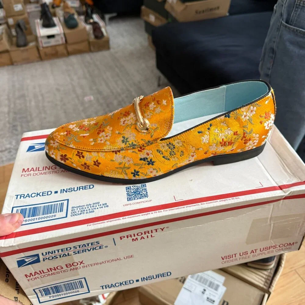 Santimon Men's US 12.5 Orange Floral Embroidery Loafers with Gold Buckle Stylish